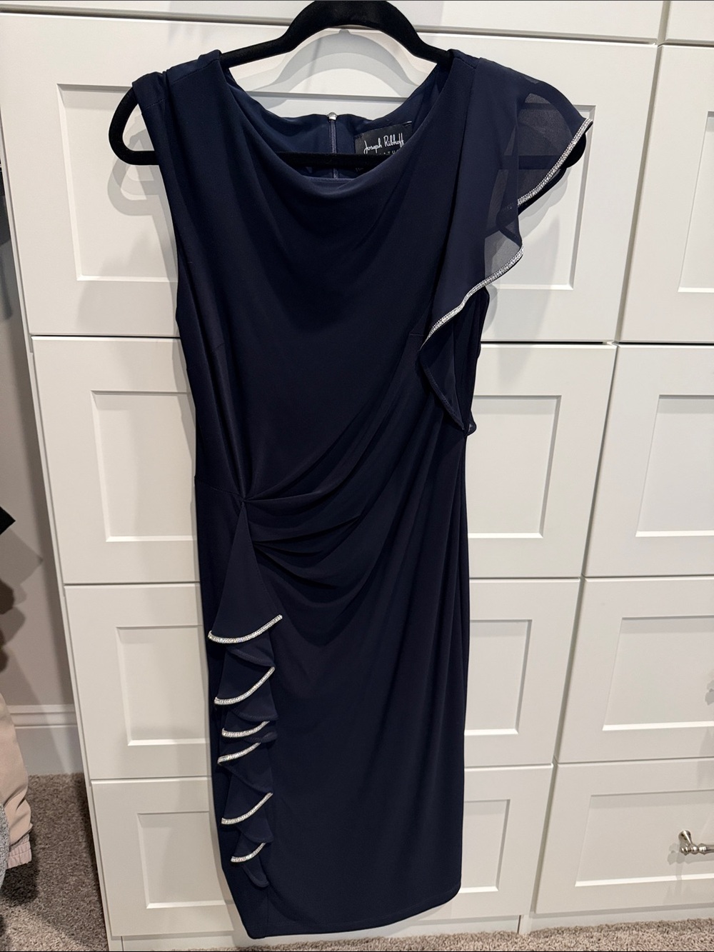 Joseph Ribkoff Navy One-Shoulder Ruffled Evening Dress